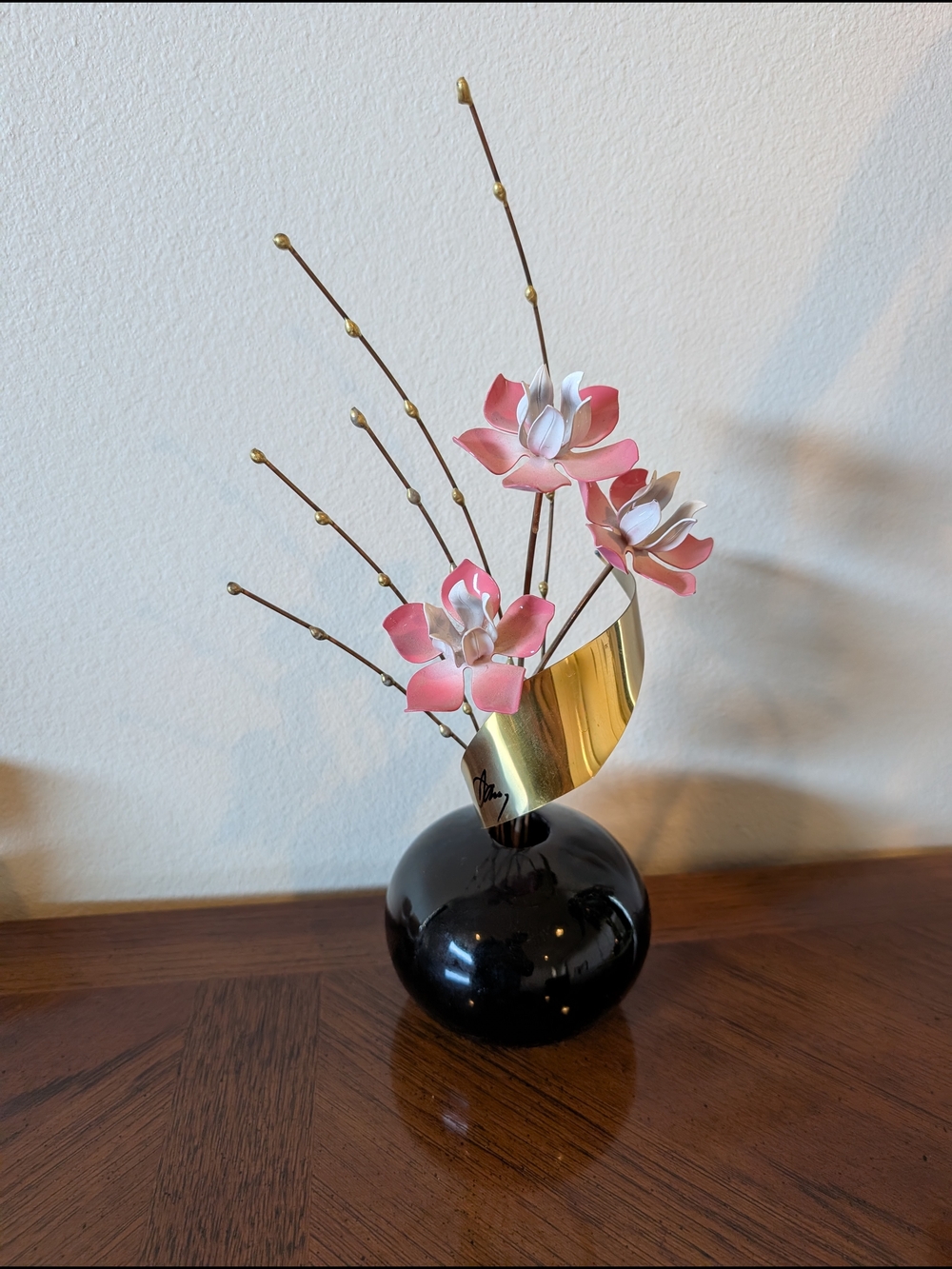 Vintage MCM Mario Jason Metal Sculpture Flower Blooms Onyx Glass Signed 13" Tall